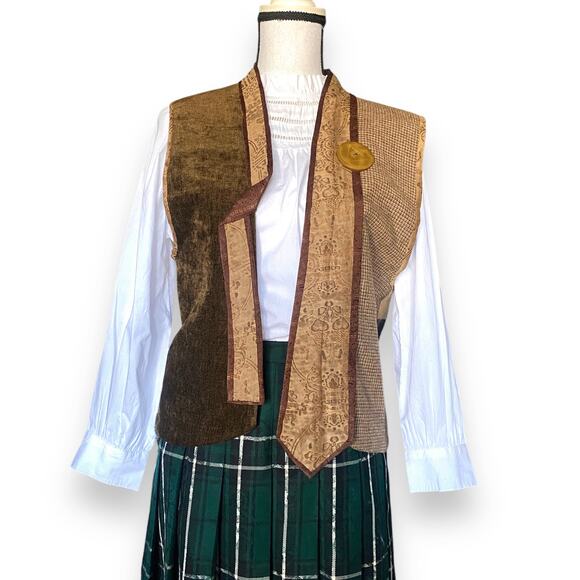 Vntg Handmade Academia Vest Sz OS Brown Mixed Materials Tweed Velvet Indie - Picture 5 of 10